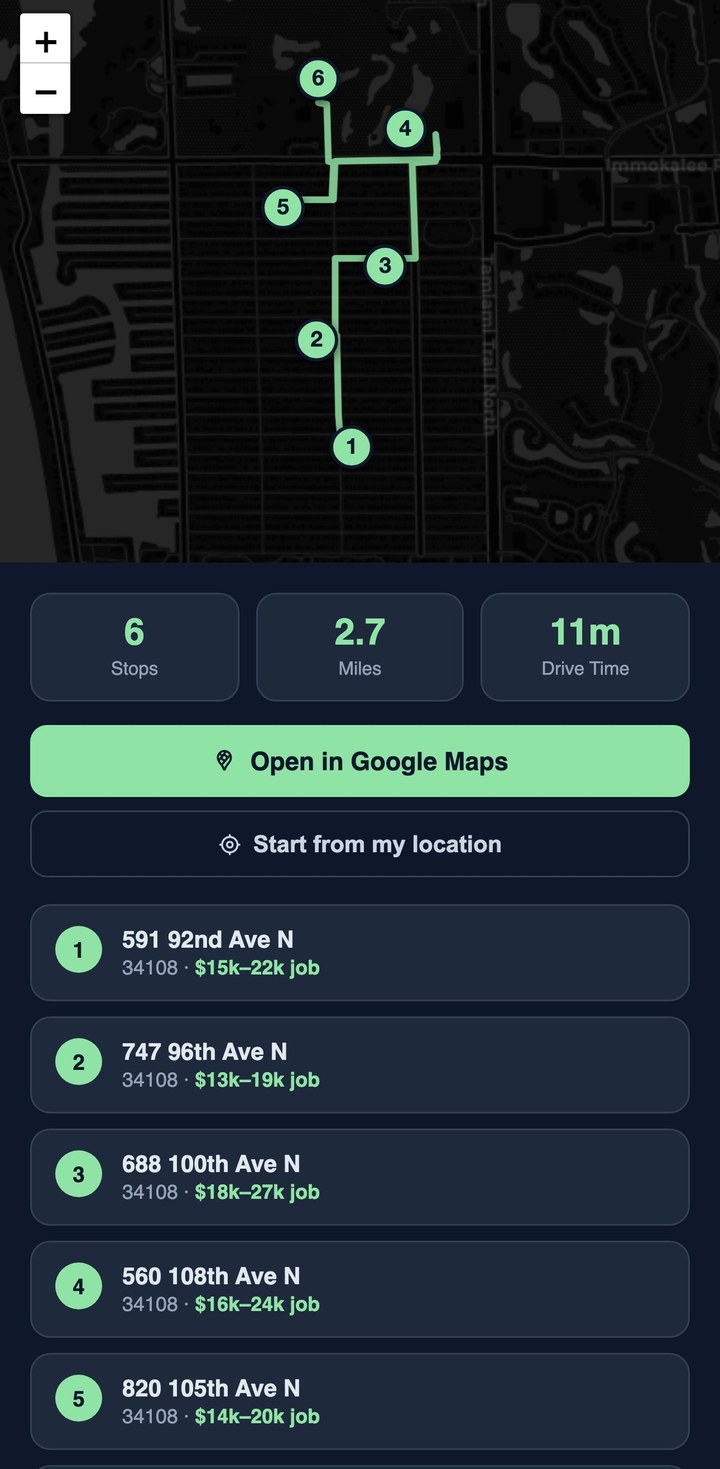 optimized driving route across today's roofing leads near Naples